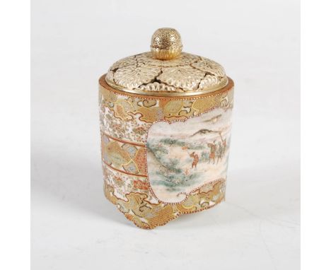 A Japanese Satsuma pottery koro and gilt metal cover of small size, Meiji Period, decorated with bat and rectangular shaped p