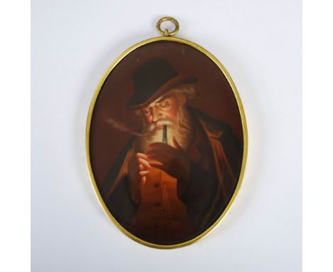 A Continental gilt metal mounted porcelain panel decorated by R. Werlich, decorated with a Gentleman lighting his pipe, signe