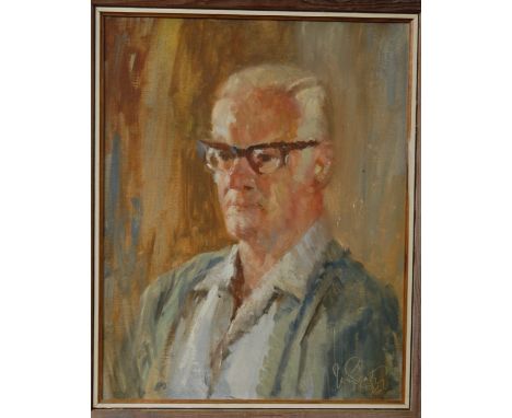 Late 20th century school - Head and shoulders portrait of a gentleman wearing glasses, oil on board, indistinctly signed and 