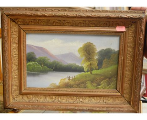 After B L Hold - Farmyard scene, colour print; and assorted pictures and prints to include river landscape oil on card etc 
