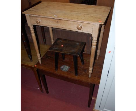 A Victorian pine single drawer side table, together with a further elm side table and an elm milking stool (3)