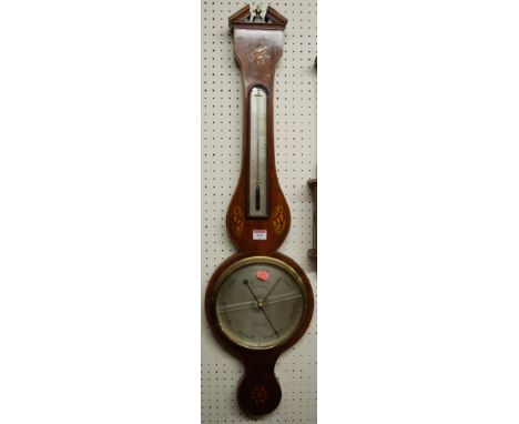 A 19th century mahogany conch shell inlaid and further satinwood strung two dial wheel barometer 