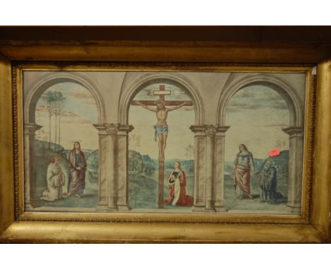 After Peter Dewint - View of Oxford from Wytham, colour engraving; and Christ's Crucifixion gilt framed print (2)  