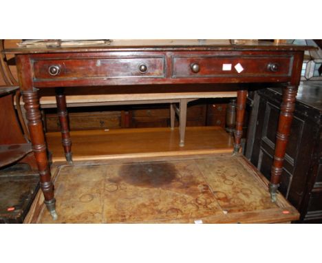 A Victorian mahogany side table, having two frieze drawers on ring turned supports