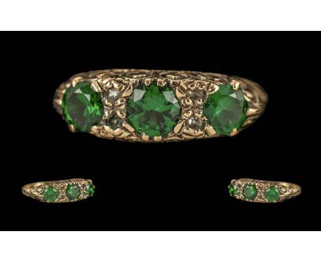 Antique 9ct Gold Ladies Emerald and Diamond Set Ring. Not Marked but Tests 9ct. Emeralds of Bright Green Colour way. Weight 3