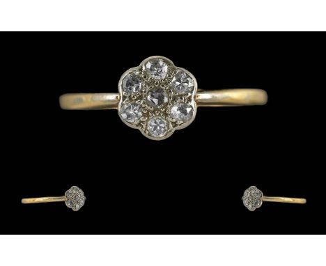 Antique Period Ladies 18ct Gold Petite Diamond Set Cluster Ring, Marked 18ct to Interior of Shank, The Pave Set Diamonds of P