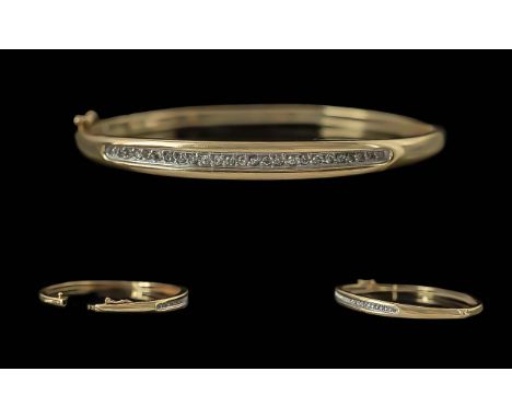 Ladies 9ct Gold Diamond Set Hinged Bangle - Hallmark 375 (9ct) The Well Matched Small Diamonds Of Good Colour and Clarity. Es