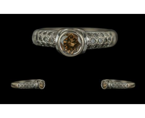 Ladies 14ct White Gold Diamond Set Dress Ring, The Central Golden Diamond with Diamond Set Shoulders of Good Colour. Ring Siz