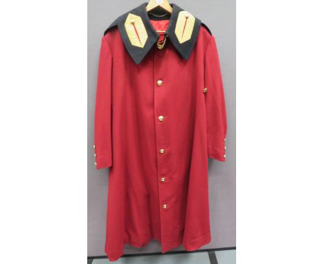 Life Guards Officer's Dress Sleeved Cloak maroon, single breasted, long coat. &nbsp;Large, fold over, black collar with oak l