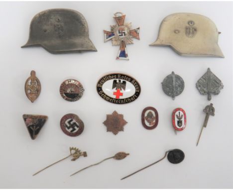 Third Reich German Badges and Stick Pins including 2 x pressed tin, German steel helmets ... Silvered, Mother's Cross. &nbsp;
