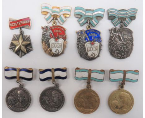 Scarce Full Set Of Six Soviet Motherhood Medals consisting silvered, gilt and enamel Hero Mother Order number "58677" ... Sil