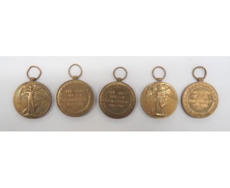 Five WW1 Victory Medals consisting Victory medals named to ""42079 Pte Y C Hartwell R Berks. R"" ... ""306990 Pte G Surr W Yo