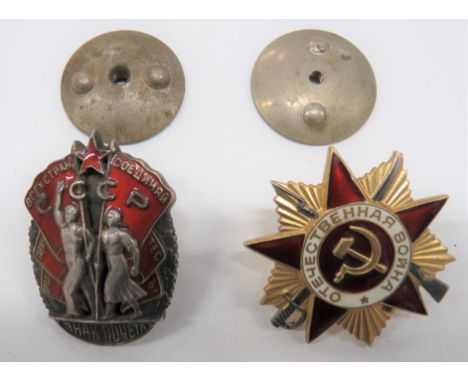 Soviet Order Of The Patriotic War and Order Of Honour consisting silvered, gilt and enamel Order Of Patriotic War breast awar