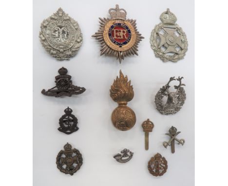 Small Selection of Various Badges including silvered, gilt and enamel, QC Royal Corps of Transport helmet plate ... Brass, Ro
