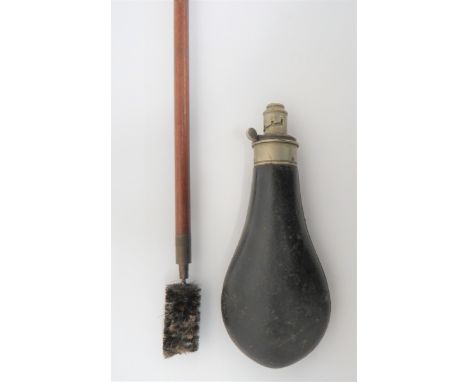 Mid 19th Century ""Hawksley"" Powder Flask black leather covered steel body. &nbsp;White metal top with external spring. &nbs