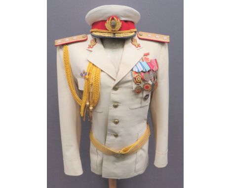 Romania General's Summer Uniform consisting white, single breasted, open collar tunic. &nbsp;Collar with bullion embroidery, 