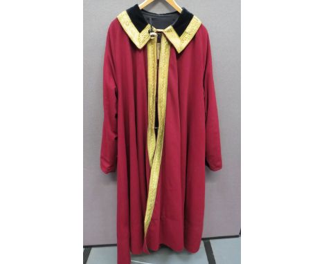 State Musician's Cloak Overcoat maroon, single breasted long coat. &nbsp;Dark blue, velvet, large collar with wide gilt braid