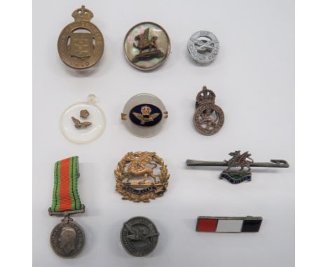 Small Selection of Lapel Badges and Brooches including brass, KC &nbsp;On War Service 1915 ... Plastic economy Air Training C