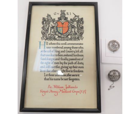 WW1 Casualty Scroll and Services Rendered Badges consisting WW1 Casualty memorial scroll named "Pte William Jallands Royal Ar