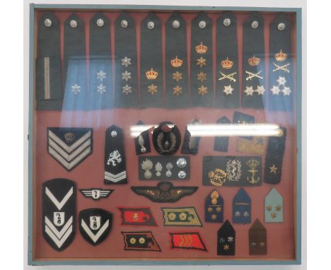 Selection of Belgian Badges including gilt and enamel General ... Silvered Captain ... Various collar tabs ... Bullion embroi