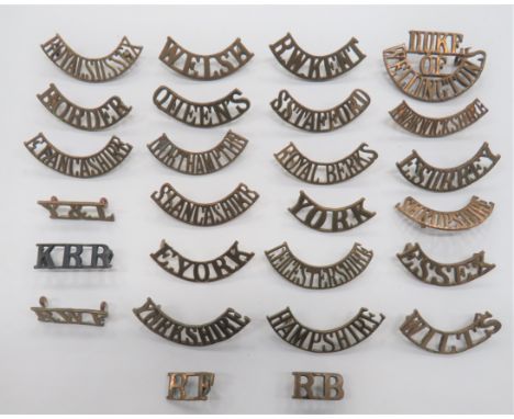 Infantry Brass Shoulder Titles including Hampshire ... Border ... Royal Berks ... Yorkshire ... S Lancashire ... RWF ... Esse