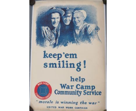 WW1 American "War Camp Community Service" Poster 28 x 42 inch, sepia and colour printed poster. &nbsp;The top half with head 