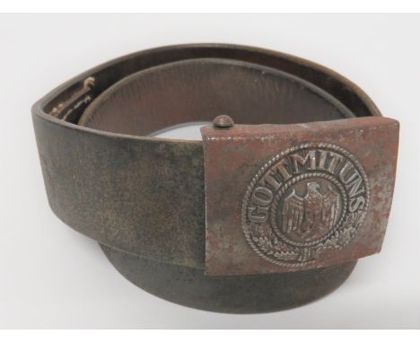 German Third Reich Army Buckle and Belt pressed steel, rectangular buckle with motto "Gott Mit Uns" and central eagle and swa