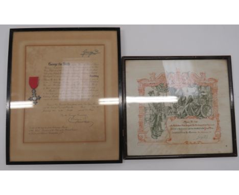 1948 MBE and Award Certificate Kings crown, George VI breast award. &nbsp;Together with issue certificate named to Lieutenant