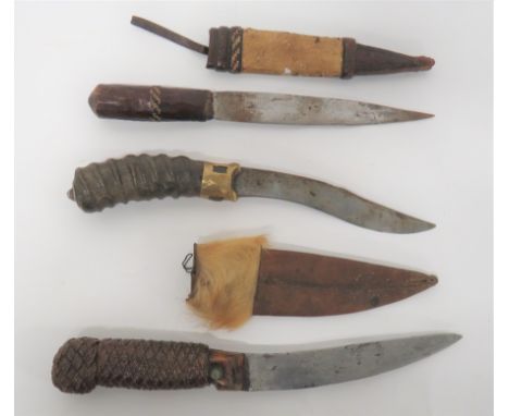 Three 19th Century African Knives consisting 6 3/4 inch, single edged, slightly curved blade.&nbsp; Wooden grip with over bou