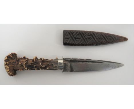 18/19th Century Antler Grip Skean Dhu 4 inch, single edged, blade with clipped rear edge. &nbsp;Narrow fuller. &nbsp;Silvered