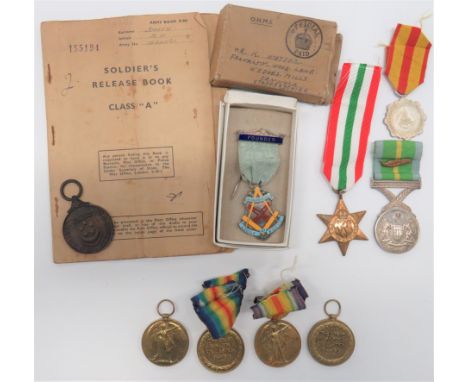 Four WW1 Victory Meals and Various Later Medals consisting Victory medals "T4-21392 Dvr. A Savage ASC" ... "T4-084423 Dvr. G 