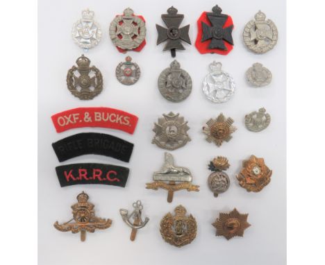 Selection of Various Infantry Badges Including Rifle Brigade including WW2 plastic economy, KC Rifle Brigade ... White metal,