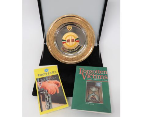 Gulf War Kuwaits POW Fund Raising Plate plated, gilt and enamel plate with "Don't Forget Kuwait's P.O.W.'s'. &nbsp;Contained 