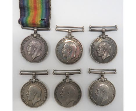 Six Various WW1 Silver War Medals consisting silver War medals named ""20028 Pte A Woodings N. Staff R"" ... ""4770 Pte J Ess
