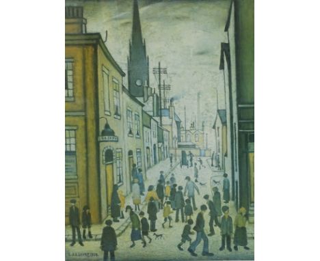 After Laurence Stephen Lowry. The Organ Grinder, coloured print, 55.5cm x 40cm.