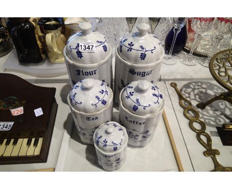 Set of five blue and white ceramic covered kitchen jars. Not available for in-house P&amp;P, contact Paul O'Hea at Mailboxes 