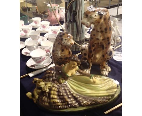 Pair of ceramic leopards and a 1930s plaster lady figurine. Not available for in-house P&amp;P, contact Paul O'Hea at Mailbox