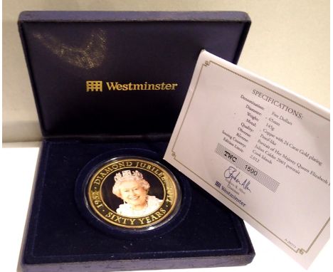 Westminster Diamond Jubilee limited edition five dollar coin, gold plated dated 2012, D: 65 mm. P&amp;P Group 1 (£14+VAT for 