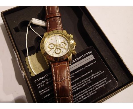 Kronen and Sohne; gents automatic sports wristwatch with white dial, gold bevel and brown leather strap. As new in box, worki