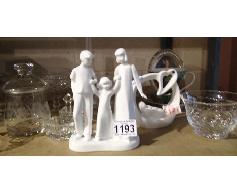 Shelf of mixed glass and ceramics including Royal Doulton Unity figurines. Not available for in-house P&amp;P, contact Paul O