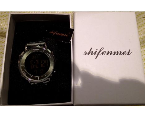 Shifen Mei; gents digital chronograph wristwatch with grey canvas strap, new in box. Working at lotting. P&amp;P Group 1 (£14