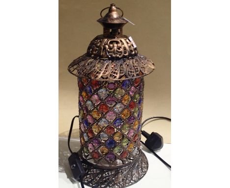 Bronzed lamp with coloured glass, H: 40 cm. Not available for in-house P&amp;P, contact Paul O'Hea at Mailboxes on 01925 6591