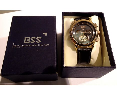 Jaragar; gents automatic wristwatch with black dial, gold body and black leather strap. As new, working at lotting. P&amp;P G
