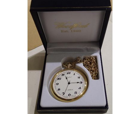 Woodford; 17 jewel mechanical open face pocket watch and chain, working at lotitng. P&amp;P Group 1 (£14+VAT for the first lo