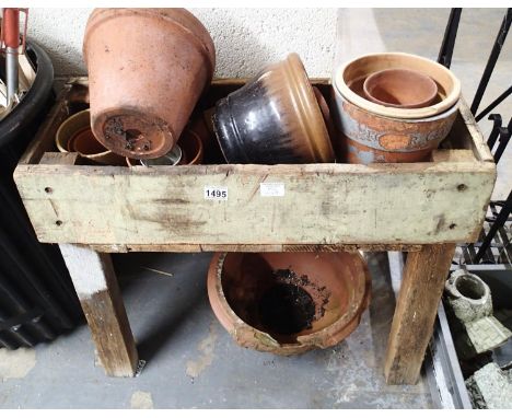 Wooden garden planter 75 x 55 cm and a collection of ceramic pots. Not available for in-house P&amp;P, contact Paul O'Hea at 