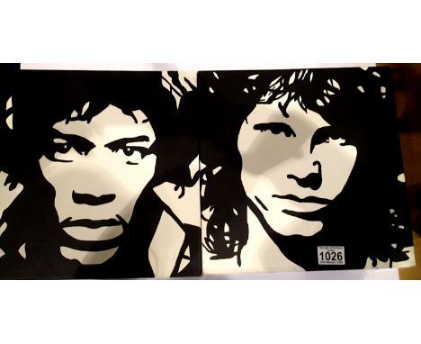 Two canvases of Jim Morrison and Jimi Hendrix, 30 x 30 cm. P&amp;P Group 2 (£18+VAT for the first lot and £3+VAT for subseque