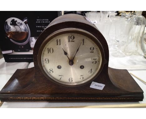 Antique oak Napoleon Hat chiming mantel clock with pendulum, no key, L: 42 cm, not working at lotting. P&amp;P Group 2 (£18+V