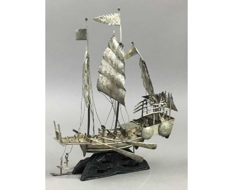 CHINESE WHITE METAL MODEL JUNK,bearing character marks on stand, 19.3cm high