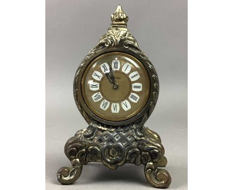 EARLY 20TH CENTURY MANTEL TIMEPIECE,in the Roccoco style, brass plated cast metal, 17cm high, along with a pheasant model and