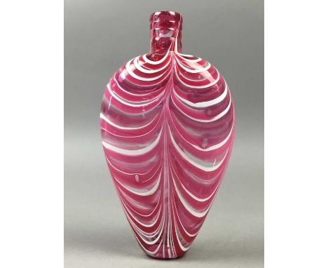 19TH CENTURY NAILSEA GLASS FLASK,with pink and white pulled trails, 19cm long